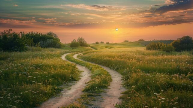 An overgrown path leads to a stunning sunset horizon, symbolizing endless post-retirement adventures. - Powered by Adobe