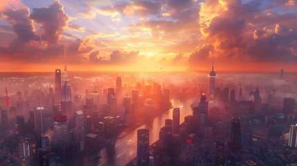 Fototapeta premium Majestic Cityscape at Vibrant Sunset with Intricate Architecture and Digital Enhancements