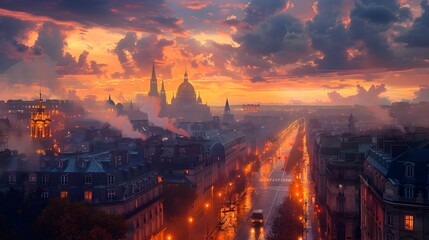 Naklejka premium Enchanting Cityscape at Dawn Cobblestone Streets Winding Through Historic Buildings Bathed in Warm Glow of Street Lamps