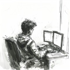 A large view, full figure from the back at a 45-degree angle of a young man seated in a corner at his desk, working at his computer, in a sketch style