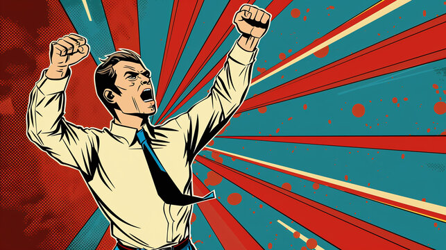 concept for expression success - comic style male  person in business fitting with super hero cape victoriously raising his fist in the air