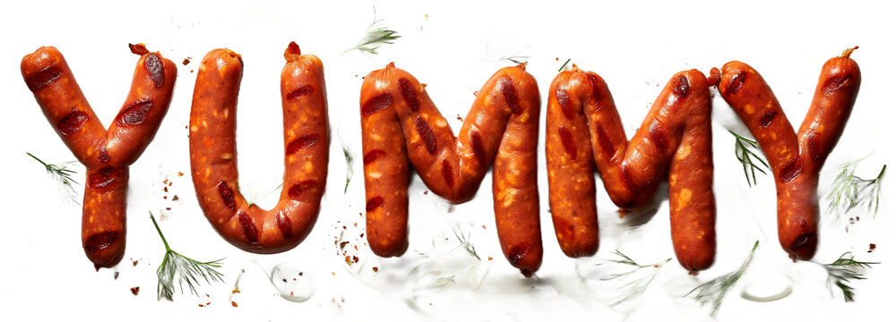 word YUMMY made out of sausages on transaparent png file