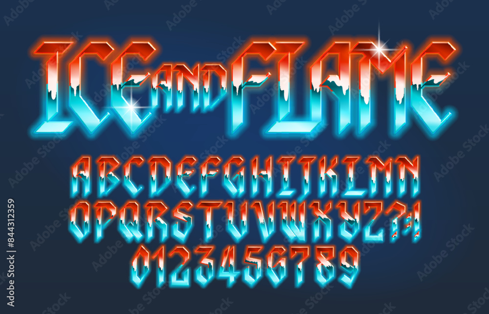 Fototapete ice and flame alphabet font. bright neon letters in heavy metal style. stock vector typescript for y