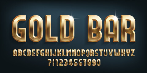 Gold Bar alphabet font. 3d golden letters and numbers. Stock vector typescript for your design.