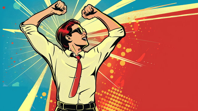 concept for expression success - comic style female  person in business fitting victoriously raising his fist in the air