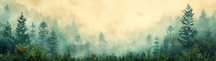 Misty forest landscape with tall trees and dense fog, creating a serene and mysterious atmosphere, perfect for nature and wilderness themes.