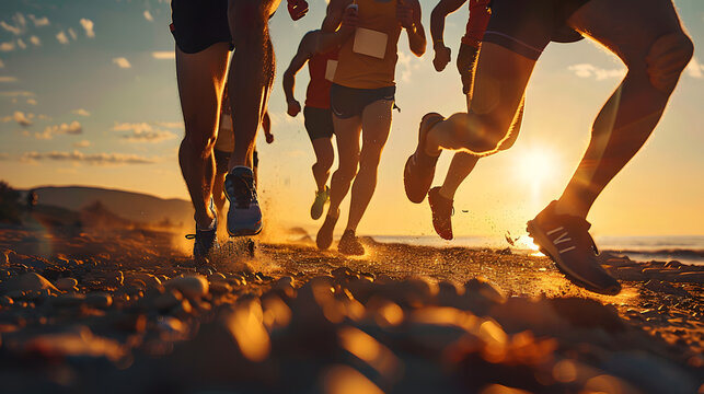 close up legs runner group running on sunrise seaside trail, AI generative