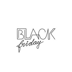 Black Friday hand lettering, emblem or logo design, sale, continuous line drawing, tattoo, inscription, print for clothes, t-shirt, one single line on a white background, isolated vector illustration