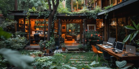 House surrounded by trees, many windows, warm and natural feel