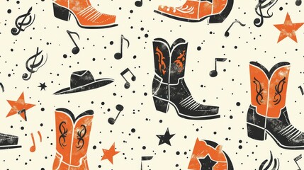 Musical notes. The acoustic guitar is detailed with realistic textures, strings, and wood grain. make it look realistic Cowboy boots with intricate stitching and a classic Western design