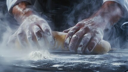 Skilled baker s hands kneading fresh dough dusting it with flour in a cloudy steamy kitchen workspace showcasing the artisanal process of handmade