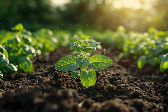 Close-up of young plant growing in fertile soil under sunlight, representing sustainable agriculture and growth in a garden field.