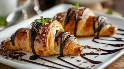 Chocolate Drizzled Croissants on Plate