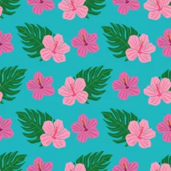 Fotobehang Tropische Bladeren Tropical hibiscus and leaf seamless pattern on turquoise background  © Elinnet