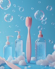 cute bath accessories on blue background. relax, spa, products, hygiene concept.