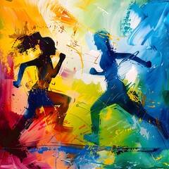 Fototapeta premium Energetic Athlete Executing Dynamic Leap Against Vibrant Abstract Expressionist Backdrop