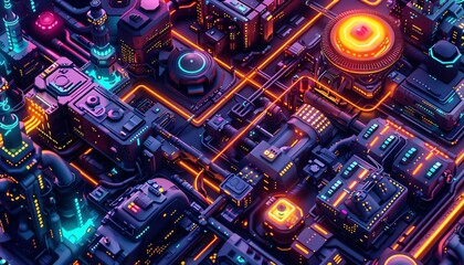 Futuristic neon cityscape with vibrant colors and intricate details, showcasing advanced technology and modern urban design at night.