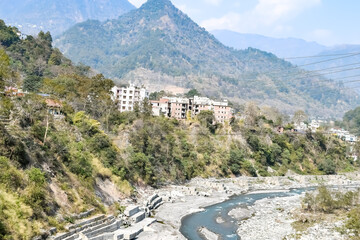 Very high peak of Nainital, India, the mountain range which is visible in this picture and river flowing in the middle, Beauty of mountain at Nainital in Uttarakhand, India