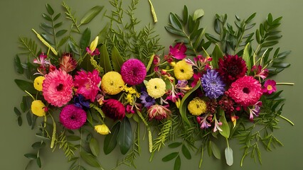 Obraz premium Fresh flowers and foliage delivery green background flat lay