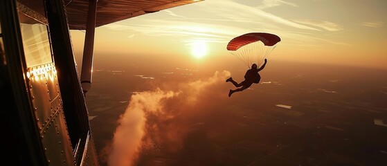 AI generator image of Create a visually captivating image that embodies the sheer courage and exhilaration of parachuting from an airplane. Picture a vast, open sky,