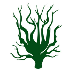 A green abstract tree-like shape with twisted and curving branches against a white background