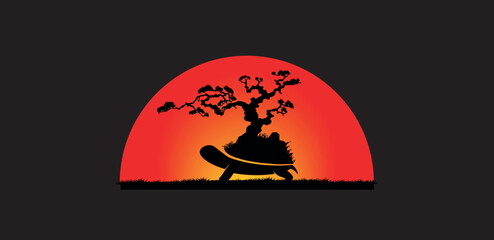 Wallpaper vektor lanskap dengan siluet gua yang diterangi cahaya bulan, dua pohon, akar pohon, cahaya bulan