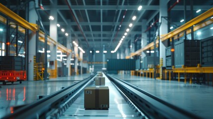 Fototapeta premium Futuristic Transport Hub with Automated Packing Lines and Digital Shipment Tracking - Clean and Bright POV Visual