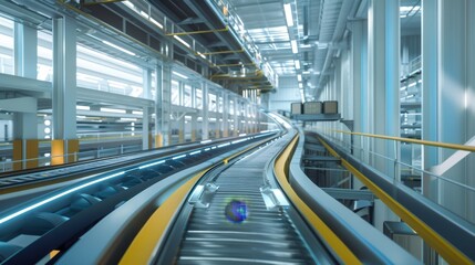 Fototapeta premium Futuristic Logistics Hub Smart Conveyor Belts and Digital Inventory Management in Clean, Modern Setting