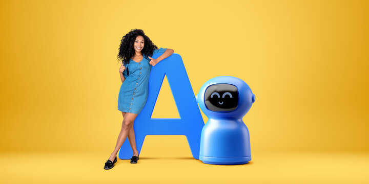 Black woman standing near AI robot showing thumb up, virtual assistant concept