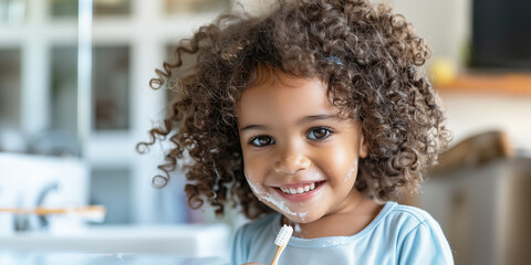 Smiling baby brushing teeth in bathroom. Banner with copyspace. Shallow depth of field. 