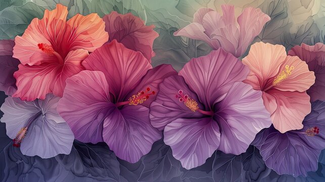A painting of purple and pink flowers with a blue background