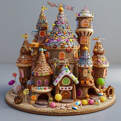 Future castle in the game, the main structure of house is made of bread and chocolate, decorated with colorful i-cream and candies 