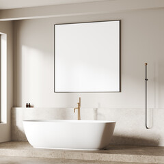 Beige home bathroom interior with bathtub and accessories. Mockup frame