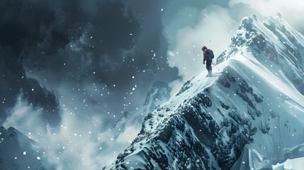 Lone Mountaineer Braving Treacherous Snowstorm on Perilous Alpine Ascent Toward Towering Summit