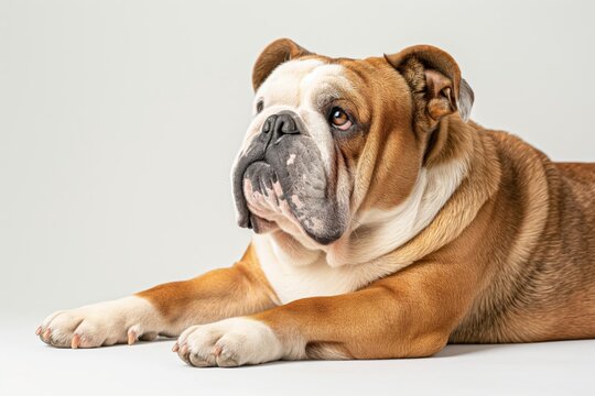 A large brown and white pitpull  dog is laying on a white surface