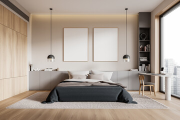 Stylish home bedroom interior with bed and workplace, window. Mockup frame