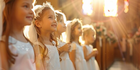 Small girls in white dresses in church on their First Holy Communion. Banner with copyspace. Shallow depth of field. 