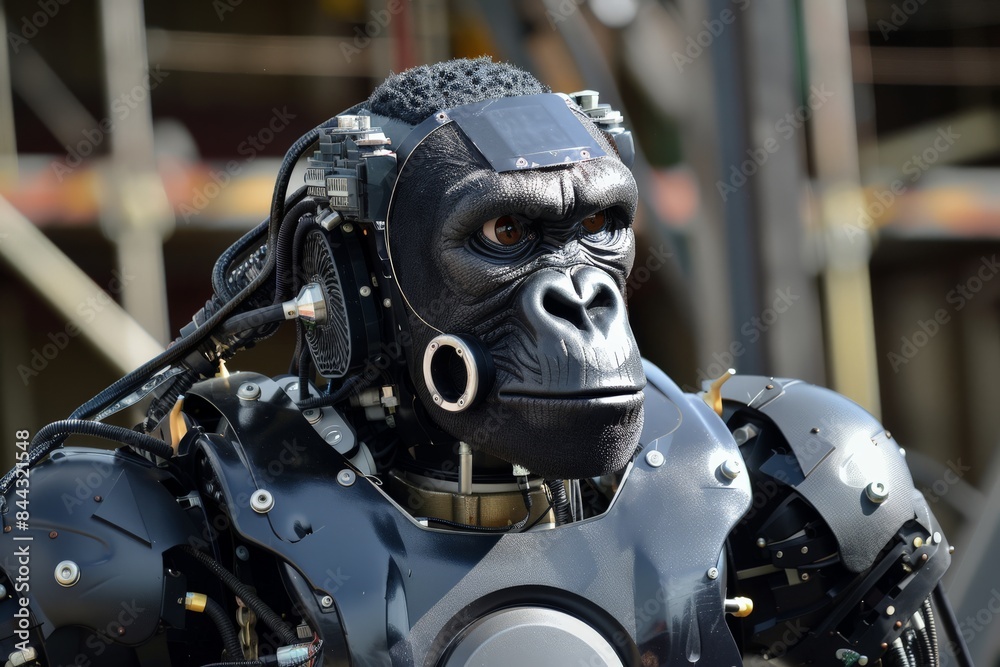 Poster a highly detailed humanoid robot with complex mechanical parts, the face is digitally obscured for p