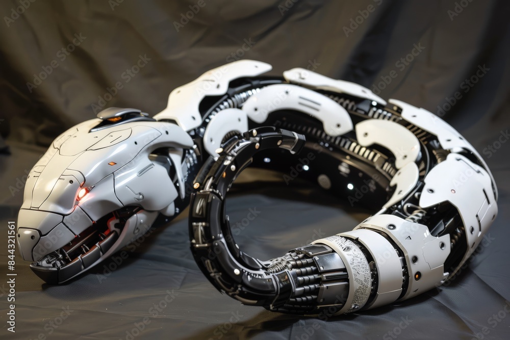 Aufkleber a futuristic metallic white robotic snake with lit-up red accents in a coiled position