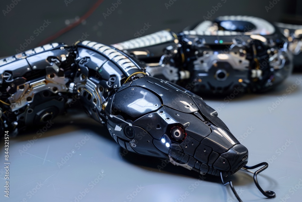 Fototapete close-up of a robotic snake head with intricate details and a glowing red light indicator