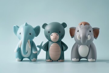 Pastel blue elephant, bear, and second elephant toy figures standing on a unified backdrop