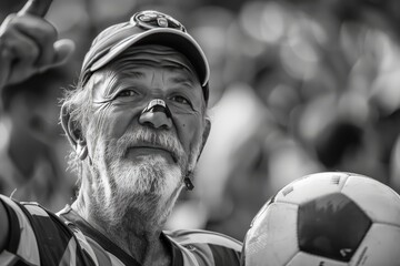 Obraz premium Elderly man in sports attire holding a soccer ball, captured in black and white