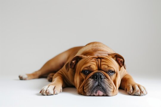 A brown pitpull dog is laying on a white surface