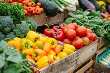 Fresh colorful vegetables displayed at a farmer's market including tomatoes and bell peppers