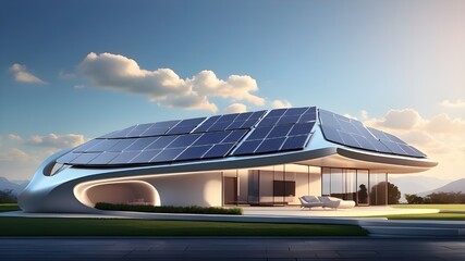 Illustrate a sleek, futuristic smart home featuring a rooftop solar panel system for renewable energy, formatted as a wide banner with plenty of copyspace for additional information.