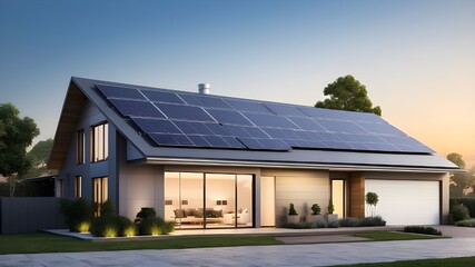 Capture the essence of a modern, energy-efficient smart home with a solar panel rooftop system, emphasizing renewable energy, presented as a wide banner with space for text.