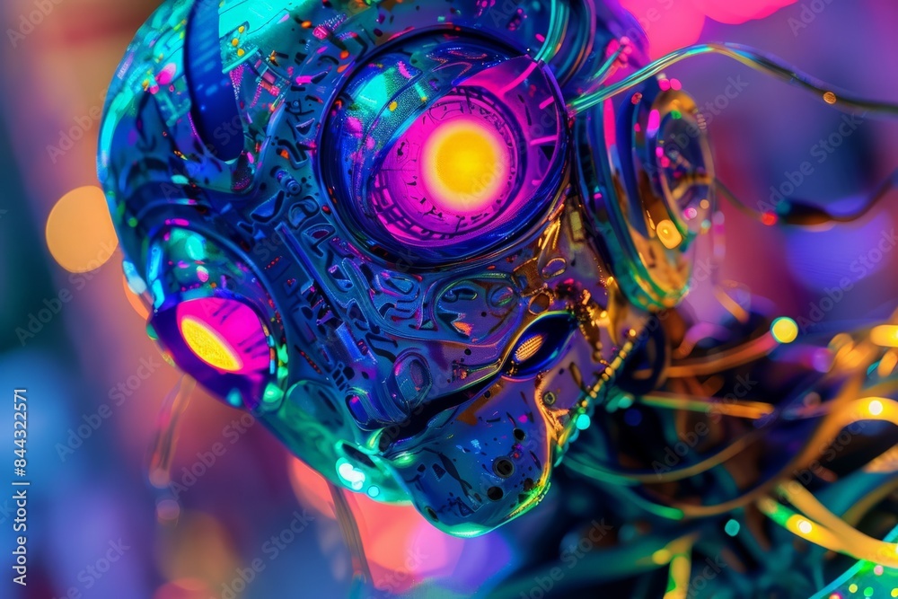 Aufkleber an incredibly detailed close-up of a futuristic robot's face with intricate patterns and vibrant lig