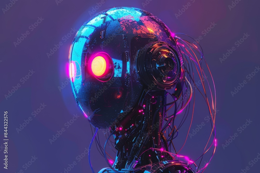 Fototapete close-up of a high-tech robot's head with a reflective surface, showcasing intricate details and col