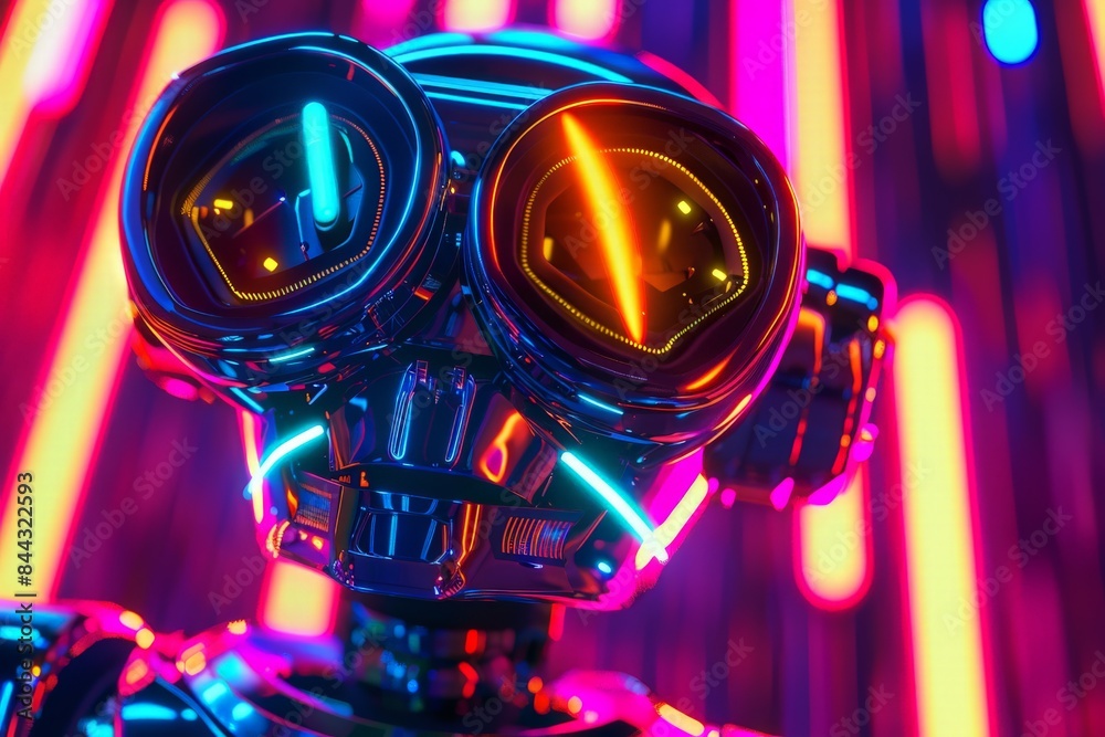 Poster neon-lit robot face exhibiting expressive eyes and glowing lines set against a striped background
