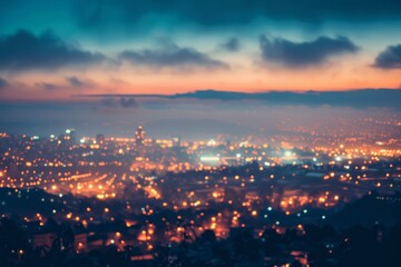 Obraz premium Abstract, dreamy depiction of city lights illuminating the scene at blue hour, with a blurred effect